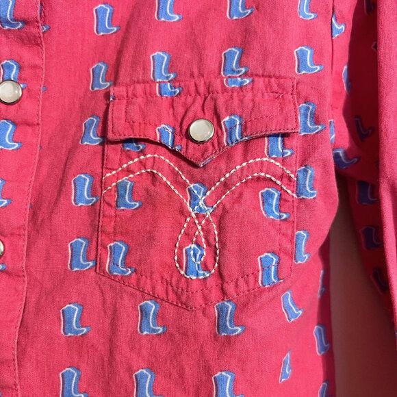 Panhandle Girls Western Shirt XS – Pink Pearl Snap Blue Boot Print Cotton - Picture 4 of 9